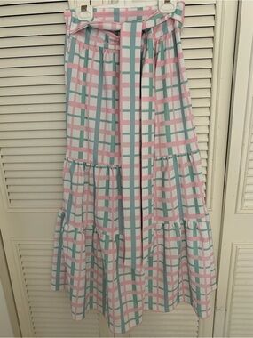 New with tag . Tiered Plaid Midi Skirt in Pink and Green